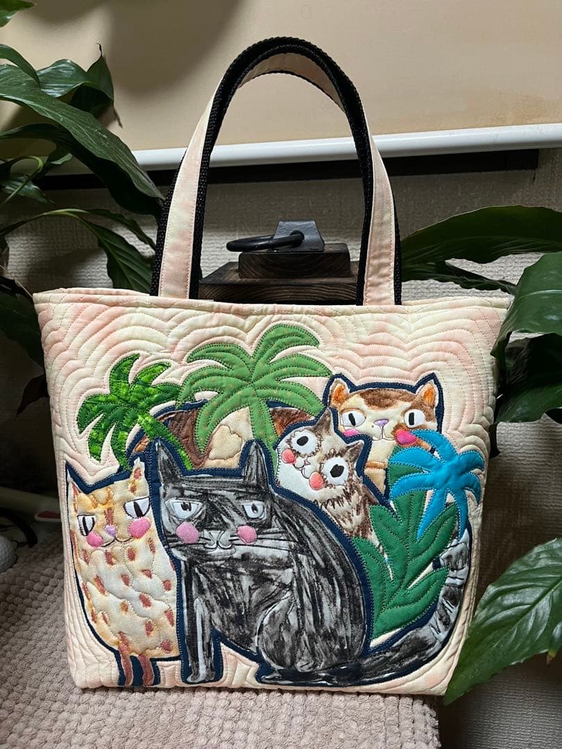 ハワイアンキルト　ハワイアンキルトバッグ　トートバッグ　猫バッグ　ヤシの木
