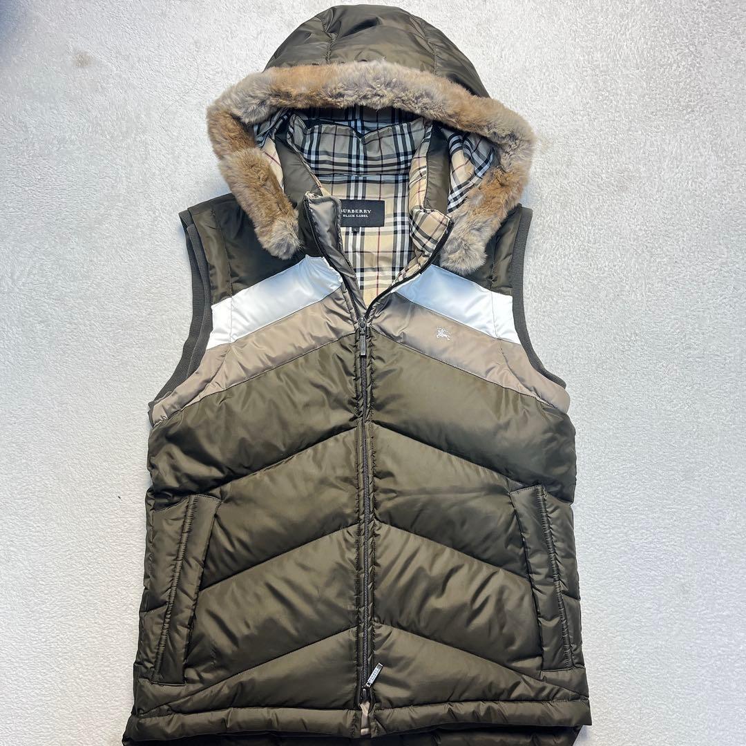 バーバリーブラックレーベル ラビットファー ノバチェック ダウンベスト L