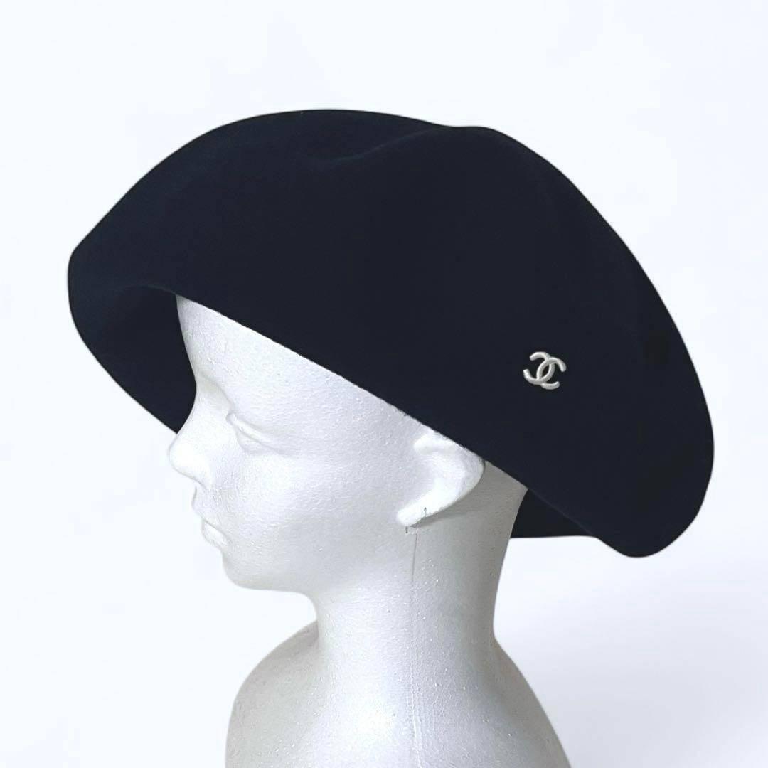 【美品】CHANEL/シャネル　ベレー帽　ココマーク刺繍　ウール　59相当　黒