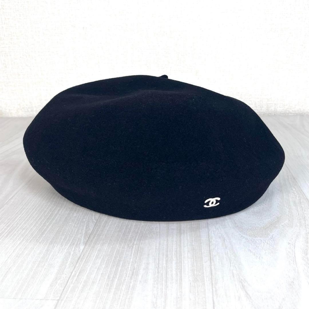 【美品】CHANEL/シャネル　ベレー帽　ココマーク刺繍　ウール　59相当　黒