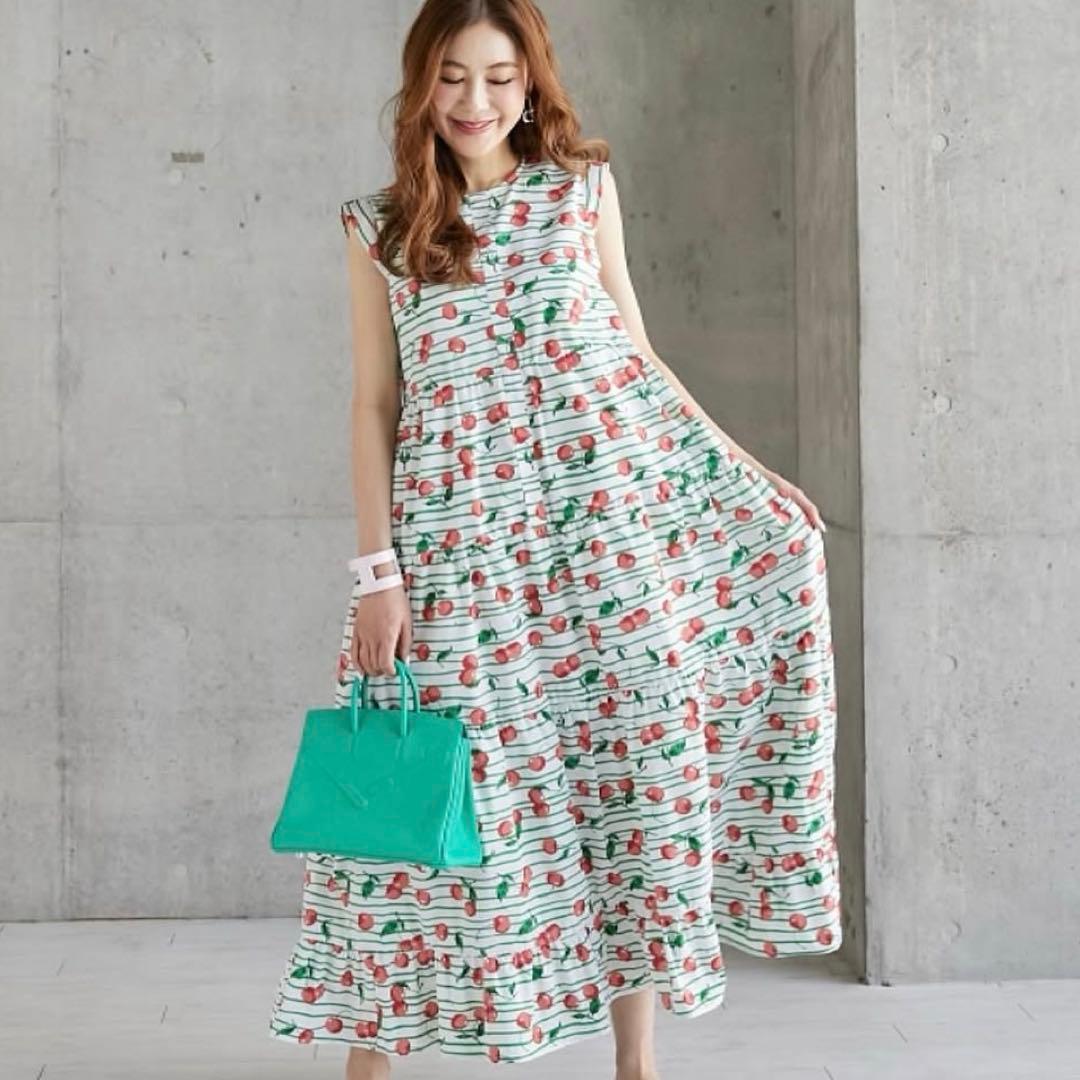 【美品✨】　オブリ obli チェリーワンピース　さくらんぼ　ボーダー