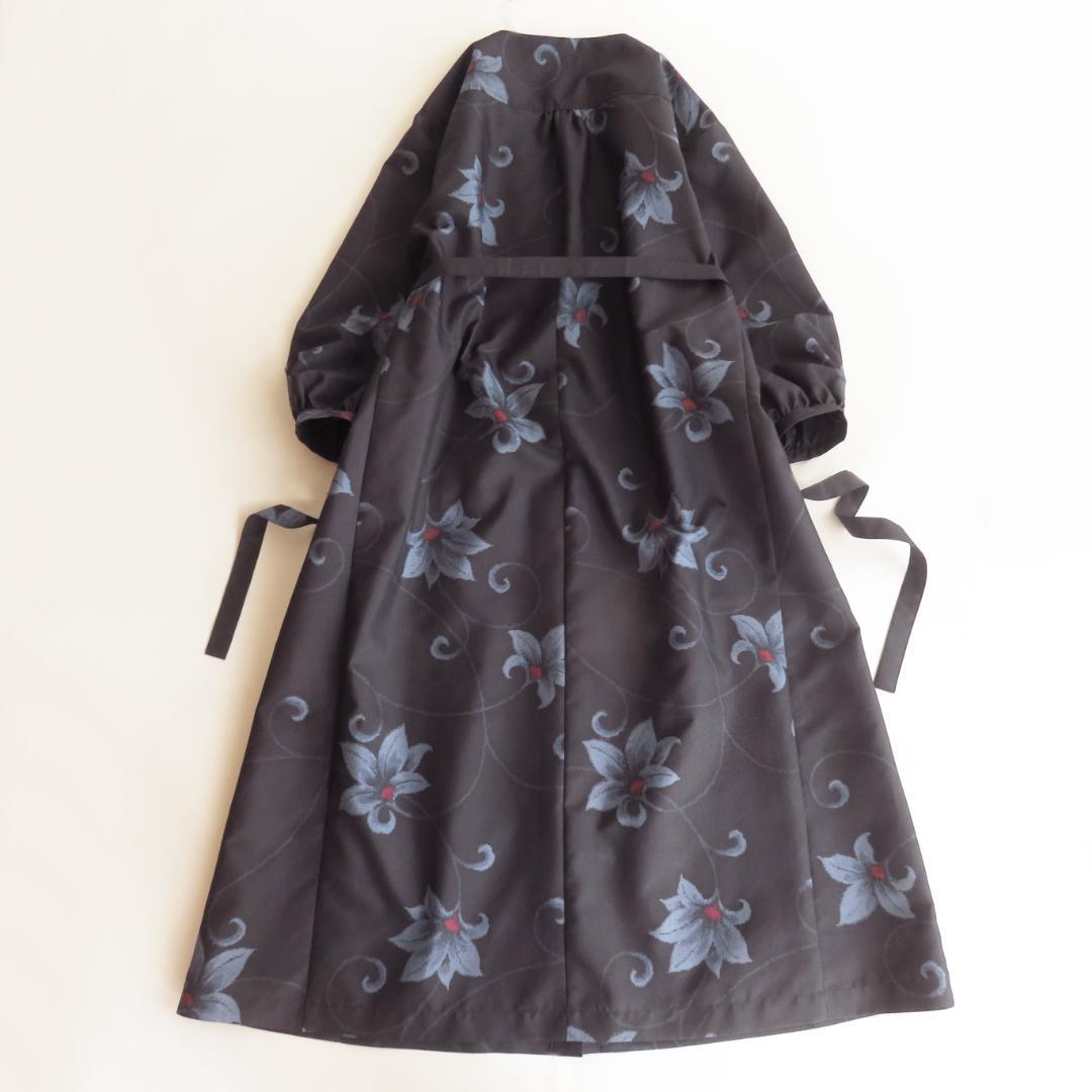 着物リメイク　正絹紬　シャツワンピース　マキシ　ロング　バルーン　パフスリーブ