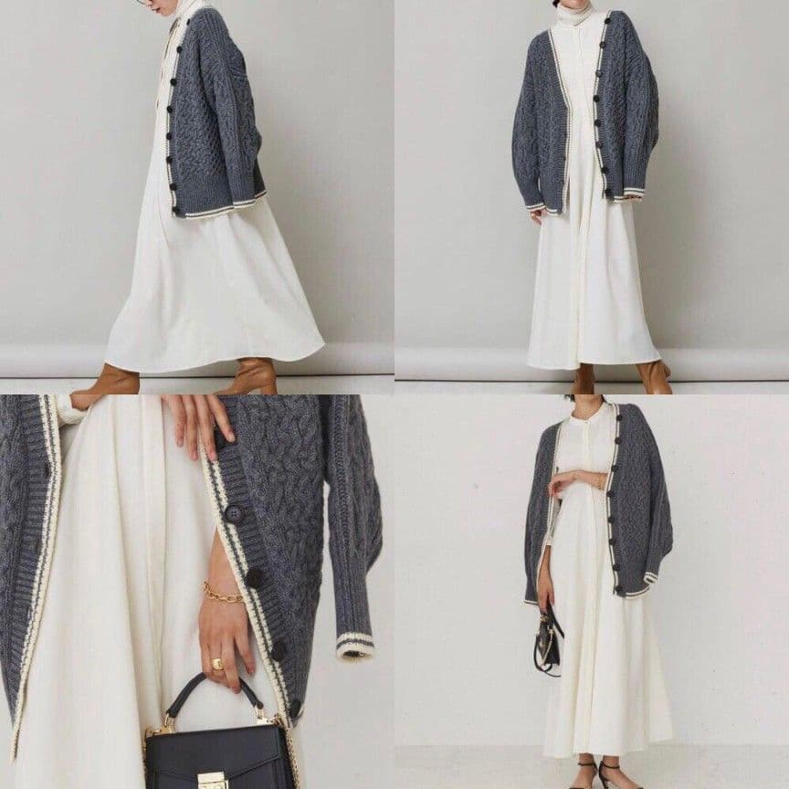 美品✨️カレンソロジー　ラムズアランニットカーディガン ブルーグレー ケーブル柄