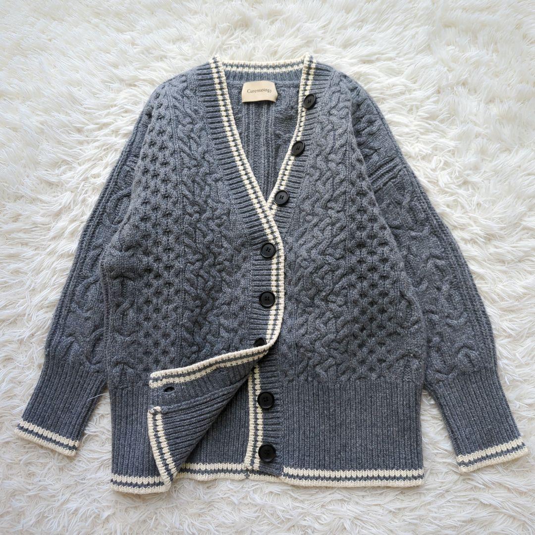 美品✨️カレンソロジー　ラムズアランニットカーディガン ブルーグレー ケーブル柄