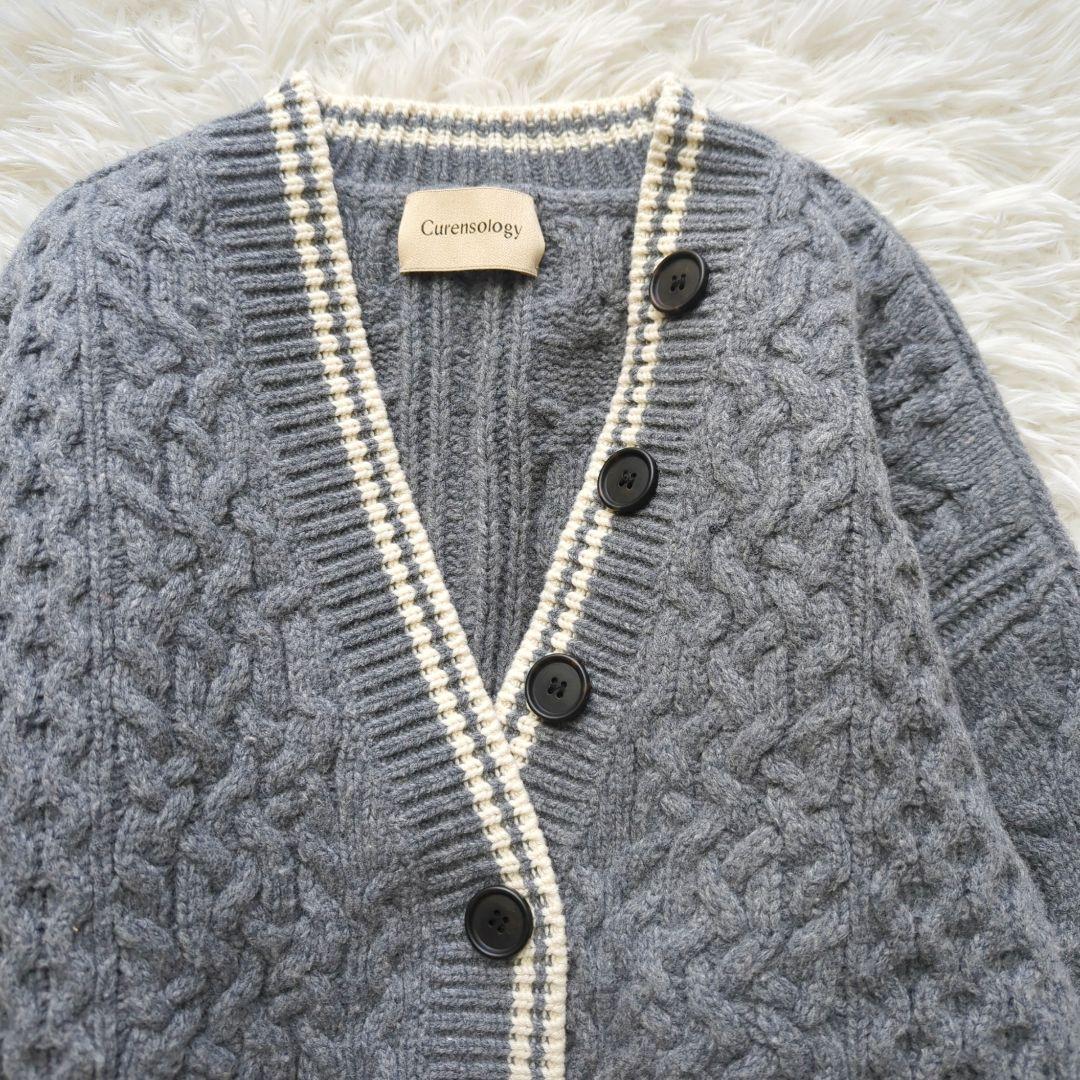 美品✨️カレンソロジー　ラムズアランニットカーディガン ブルーグレー ケーブル柄
