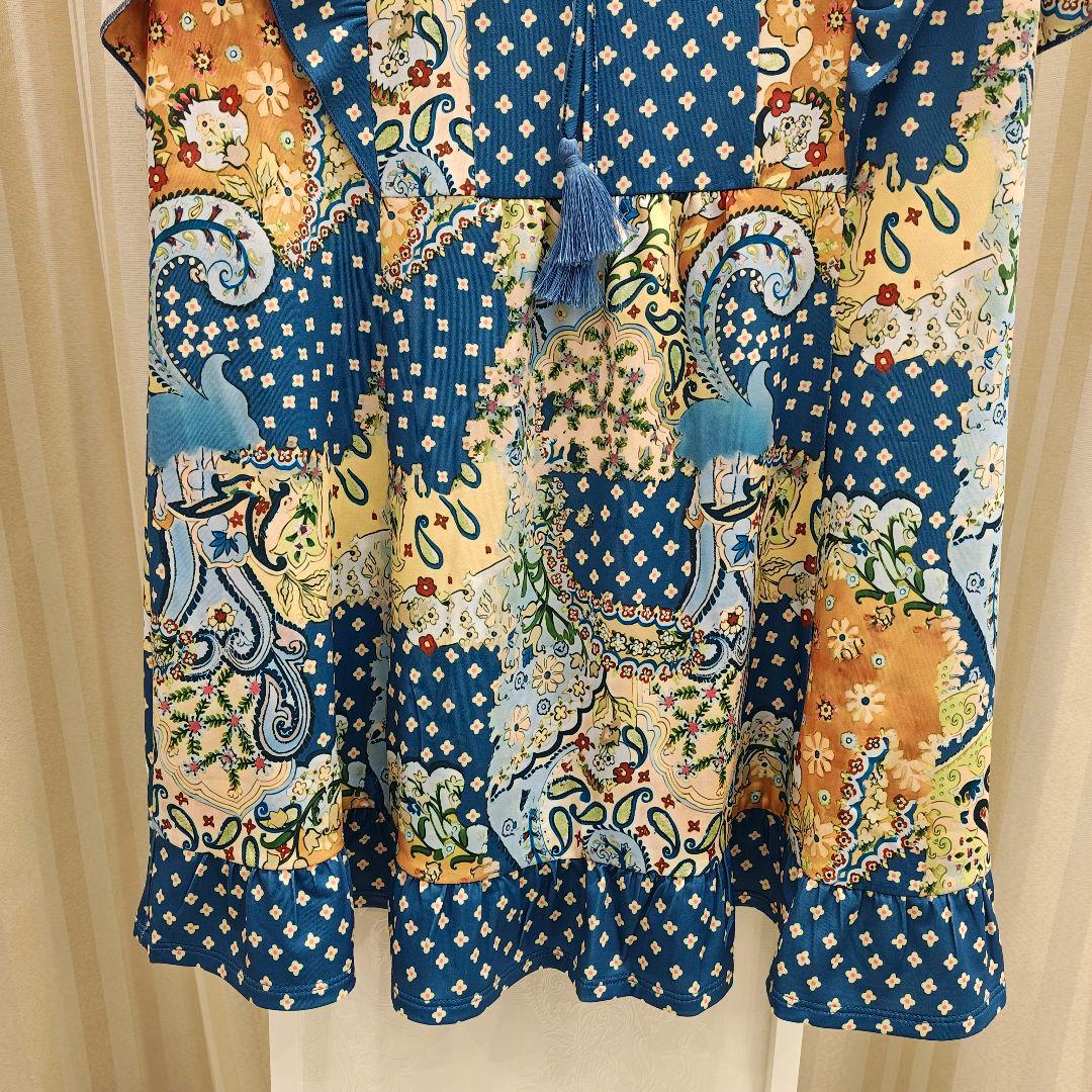 S121:新品 チュニックプリント タッセルリボン ブルー系 サイズ42