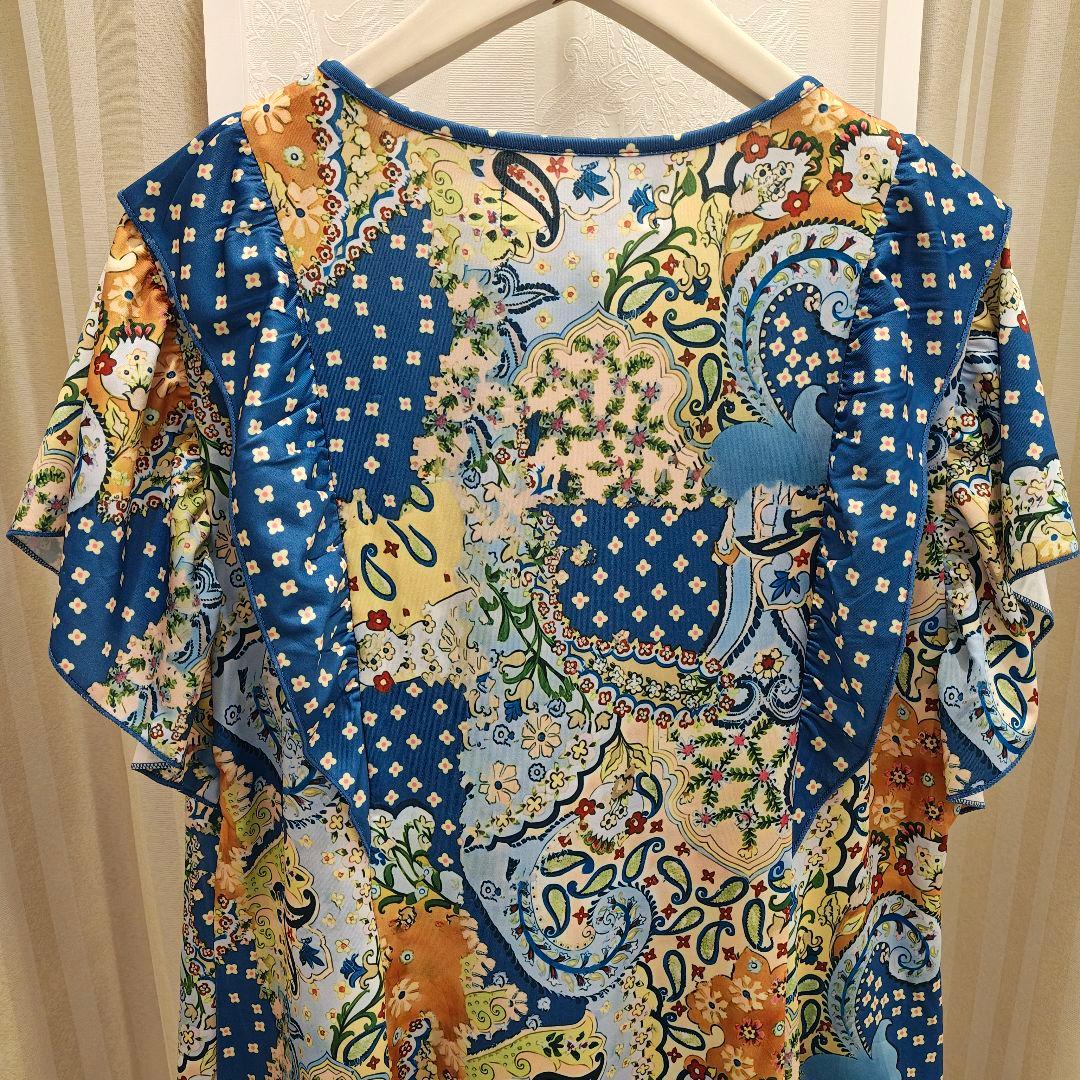 S121:新品 チュニックプリント タッセルリボン ブルー系 サイズ42