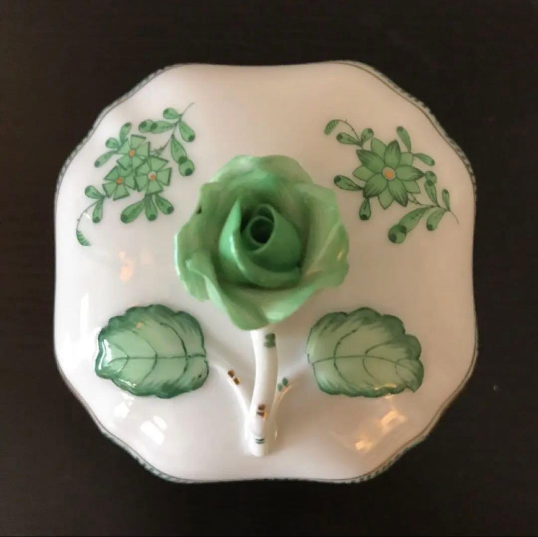 ヘレンド アポニーグリーン 小物入れ HEREND グリーンのバラ 蓋付小物入