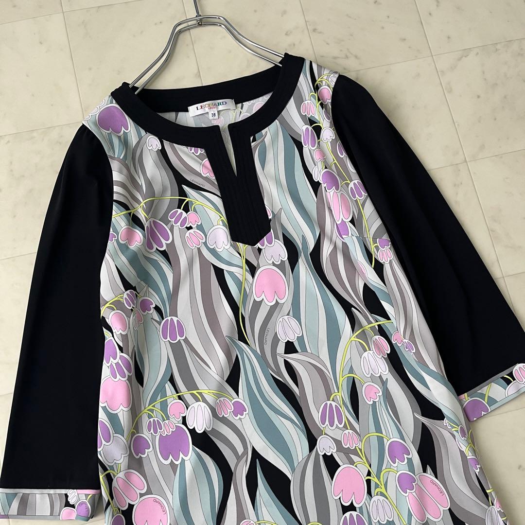 美品♡レオナール パネル柄 花柄 チュニック ワンピース トリム 38 M