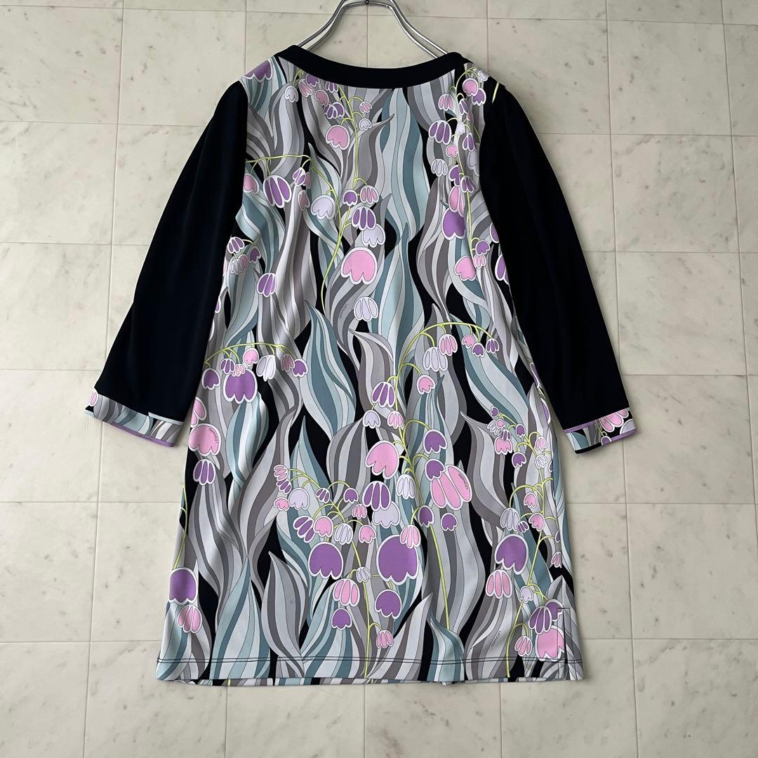 美品♡レオナール パネル柄 花柄 チュニック ワンピース トリム 38 M