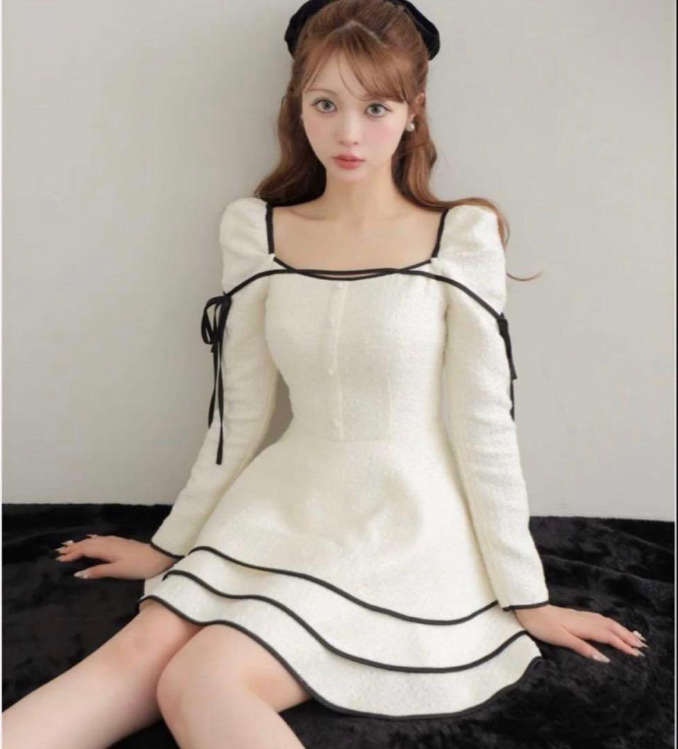 Ribbon trim tweed mini onepiece エムエメ