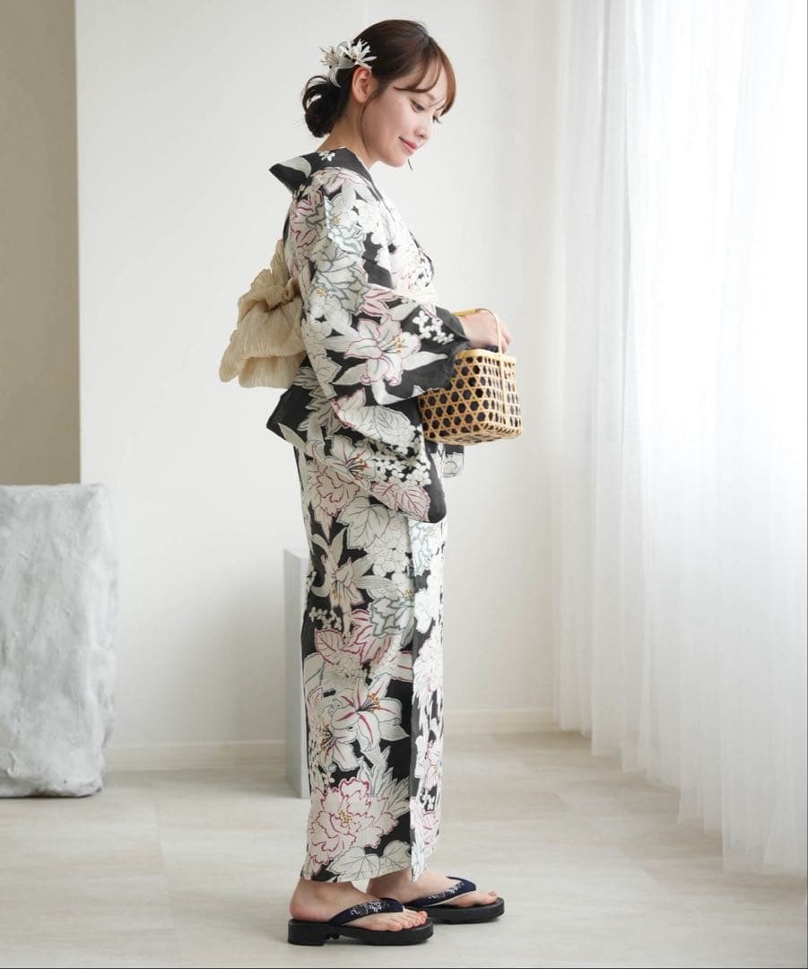 utatane ウタタネ 浴衣 帯 下駄 3点セット ダークネイビー 百合 芍薬