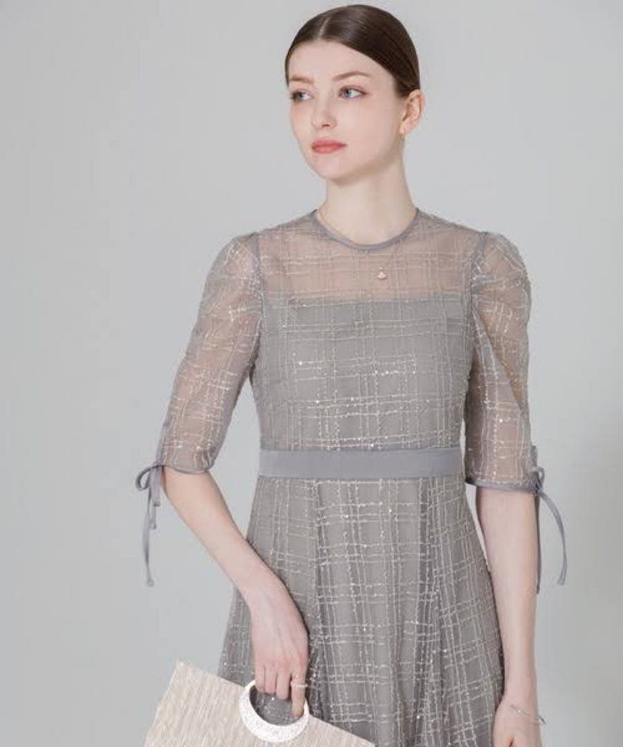 leja チェックスパンコール リボンワンピースドレス グレー（公式完売商品）