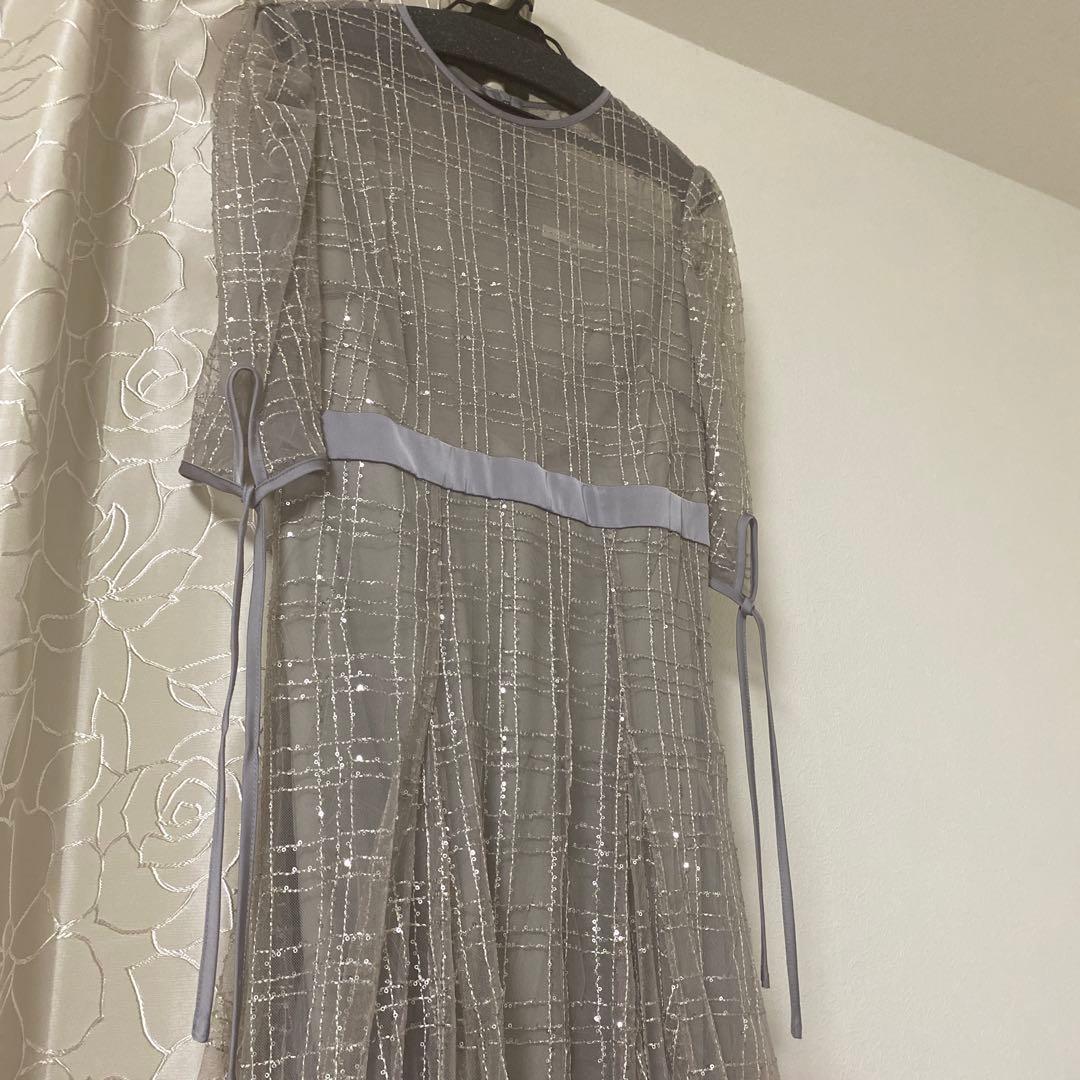 leja チェックスパンコール リボンワンピースドレス グレー（公式完売商品）