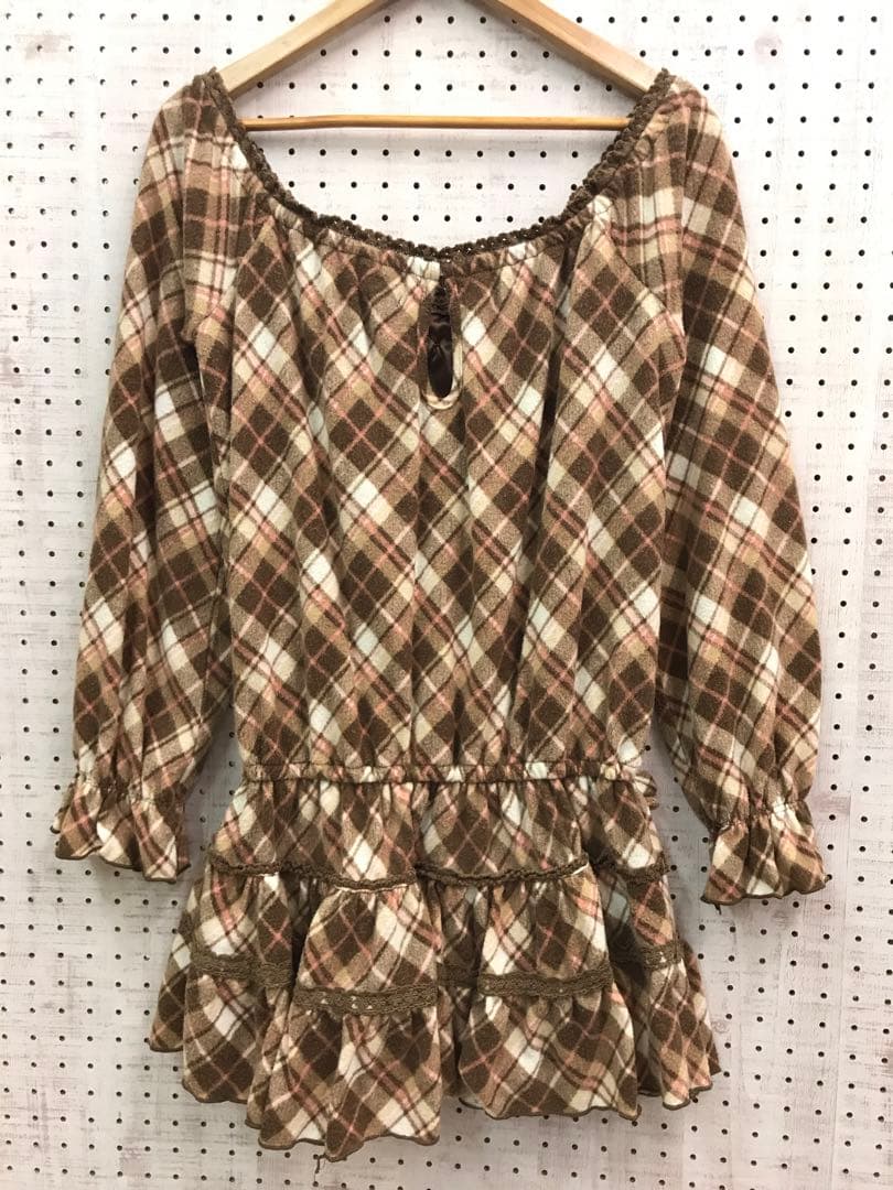 姫ギャル 古着 LIZLISA チェック オフショルダーチュニックワンピース