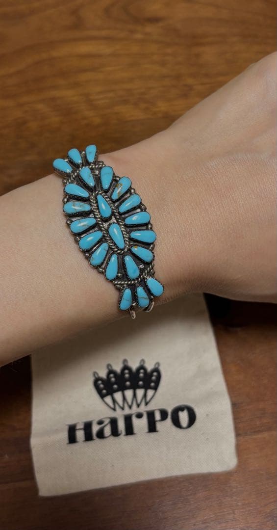 Harpo ターコイズ　ワイドフラワーバングル　インディアンジュエリー