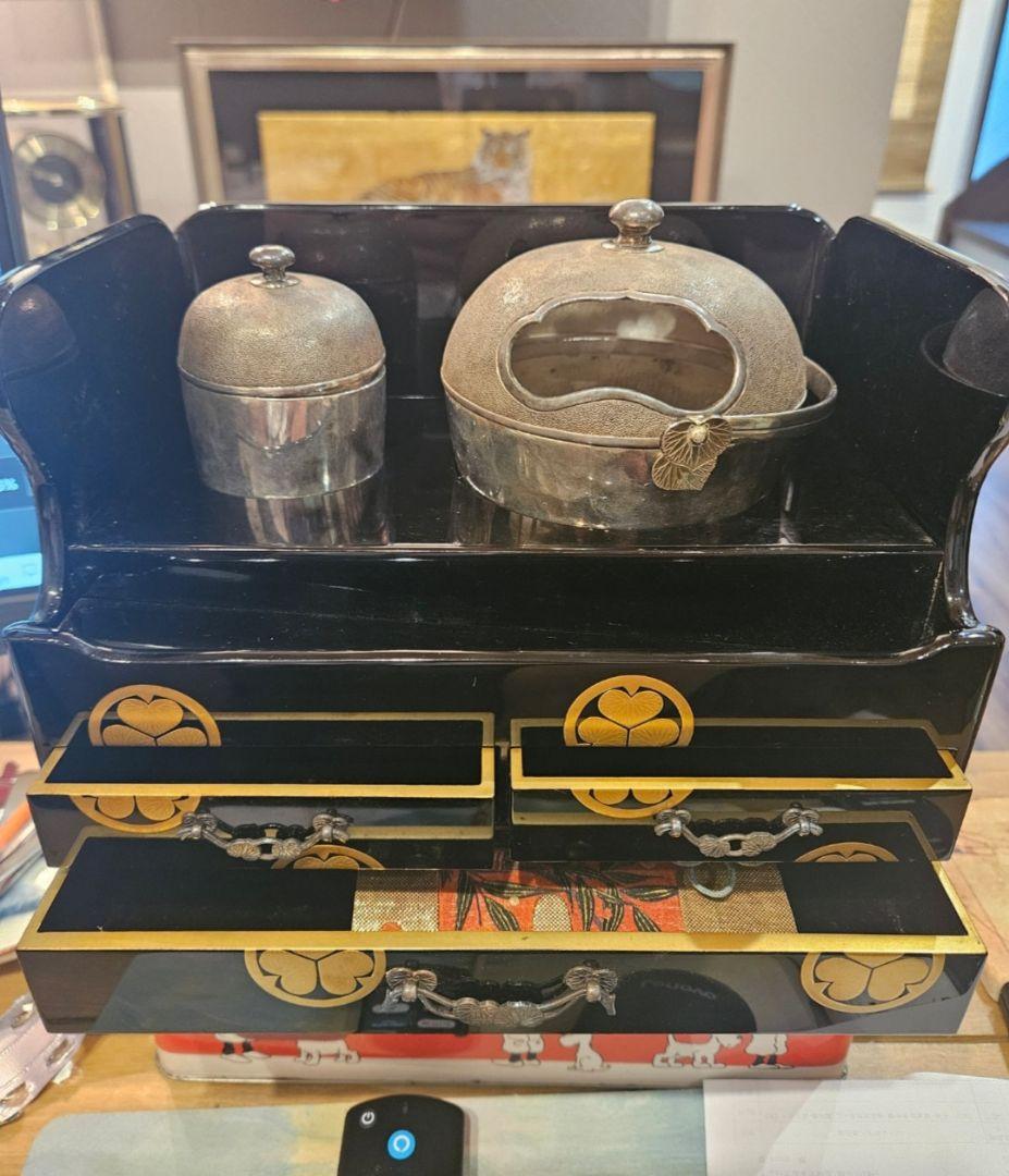 御煙草盆 黒塗御紋付 江戸時代 大名道具 三つ葉葵紋　 時代喫煙具　純銀