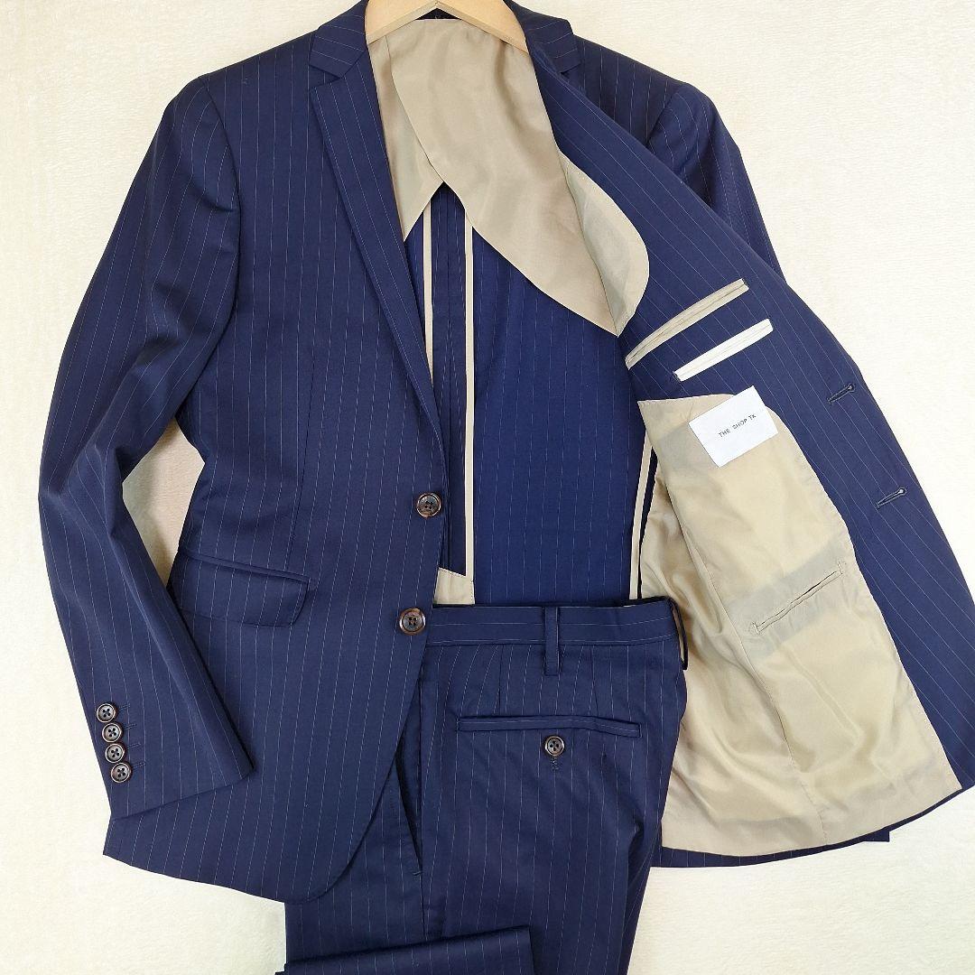 美品✨タケオキクチ　ビジネススーツセットアップ　ネイビーストライプ　S