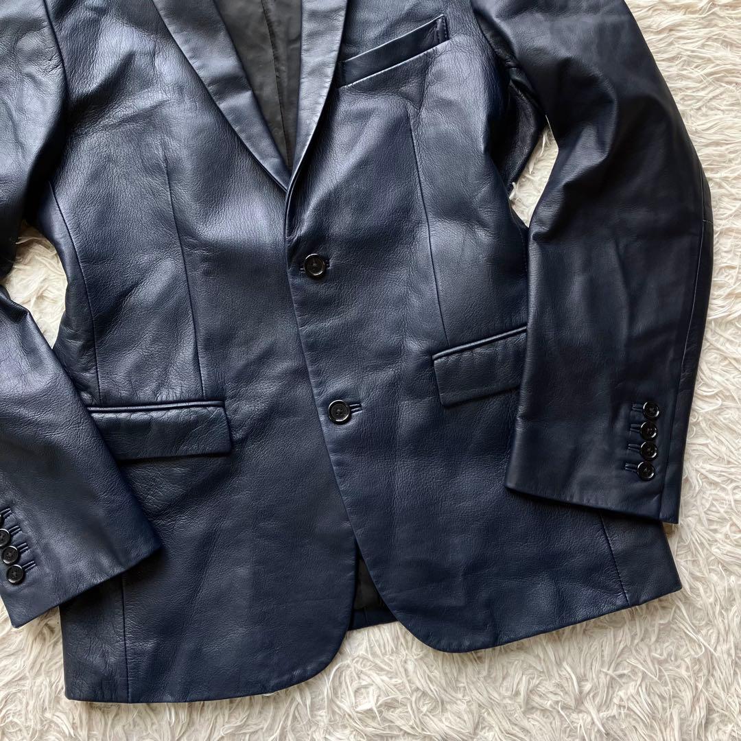 【希少L 羊革】バーバリーブラックレーベル　レザーテーラードジャケット　ネイビー