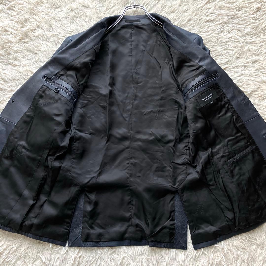 【希少L 羊革】バーバリーブラックレーベル　レザーテーラードジャケット　ネイビー