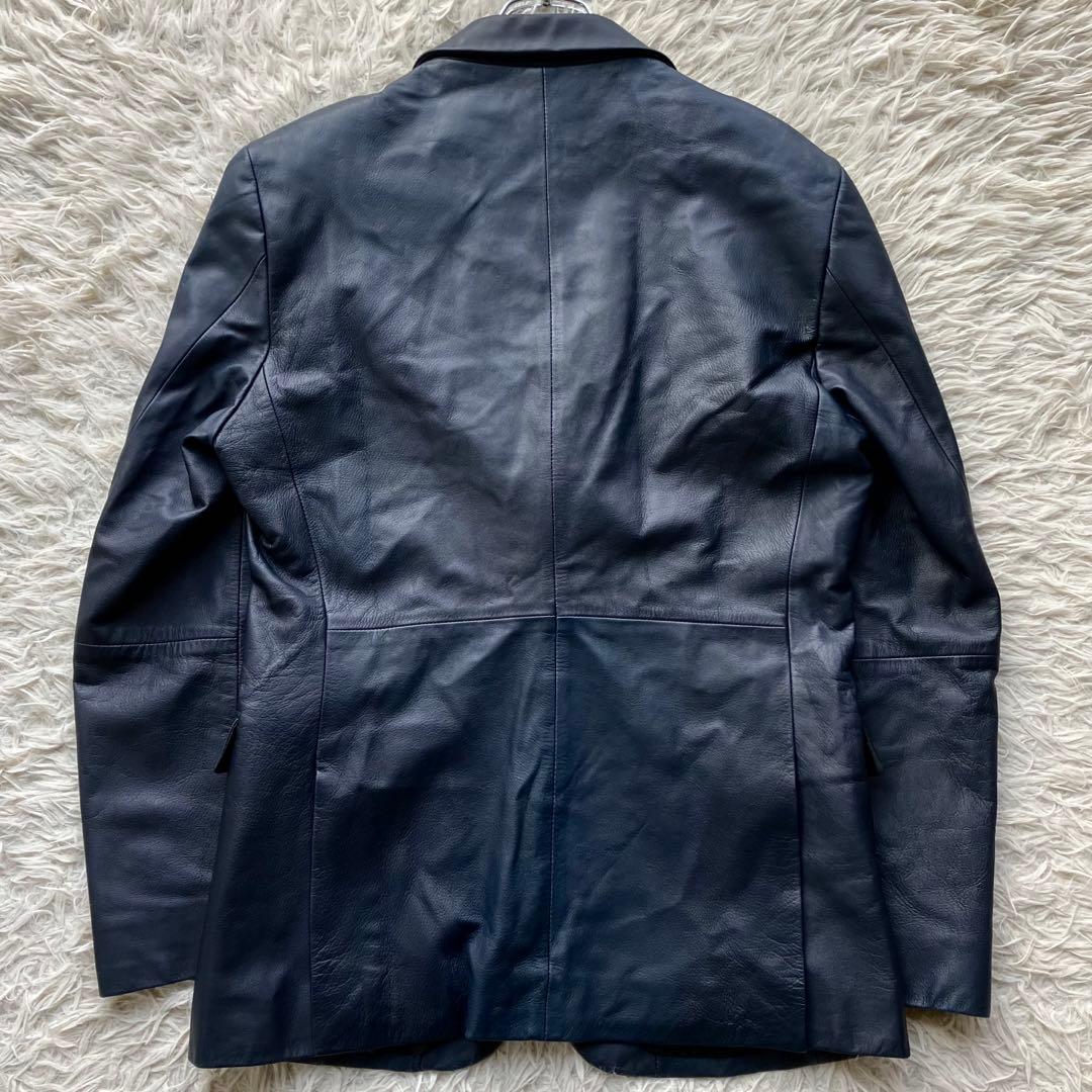 【希少L 羊革】バーバリーブラックレーベル　レザーテーラードジャケット　ネイビー
