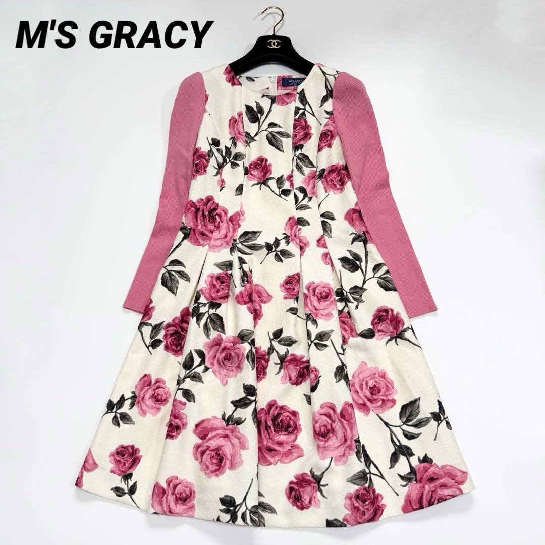 【極美品✨】エムズグレイシー　ワンピース　36 長袖　花柄　2021年　異素材