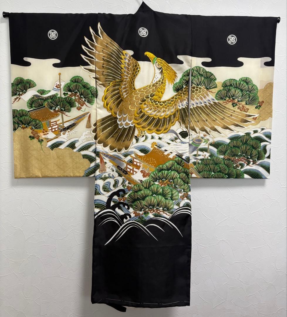 【美品 未使用】お宮参り 着物 男の子 鷹 金刺繍 初着 産着 祝い着 七五三