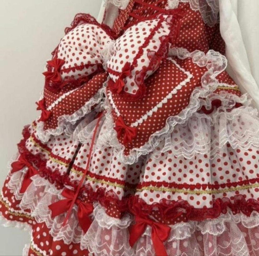 4点セットゴスロリ ロリータドレス　ロリィタ　メイド服　赤と白　水玉模様 甘ロリ