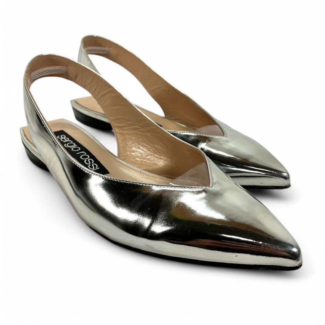 セルジオロッシ 38 24.5 レザー ミュール ポインテッドトゥ シルバー