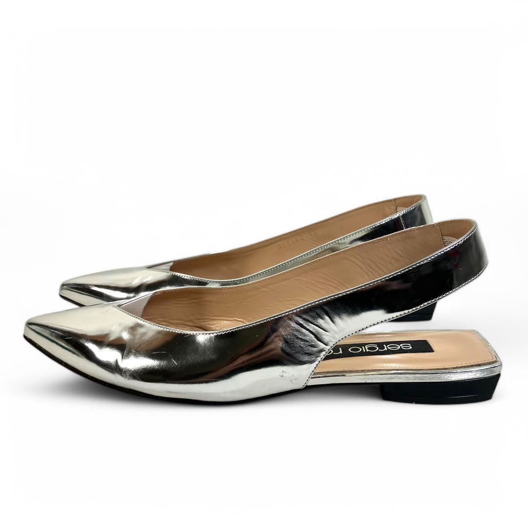 セルジオロッシ 38 24.5 レザー ミュール ポインテッドトゥ シルバー