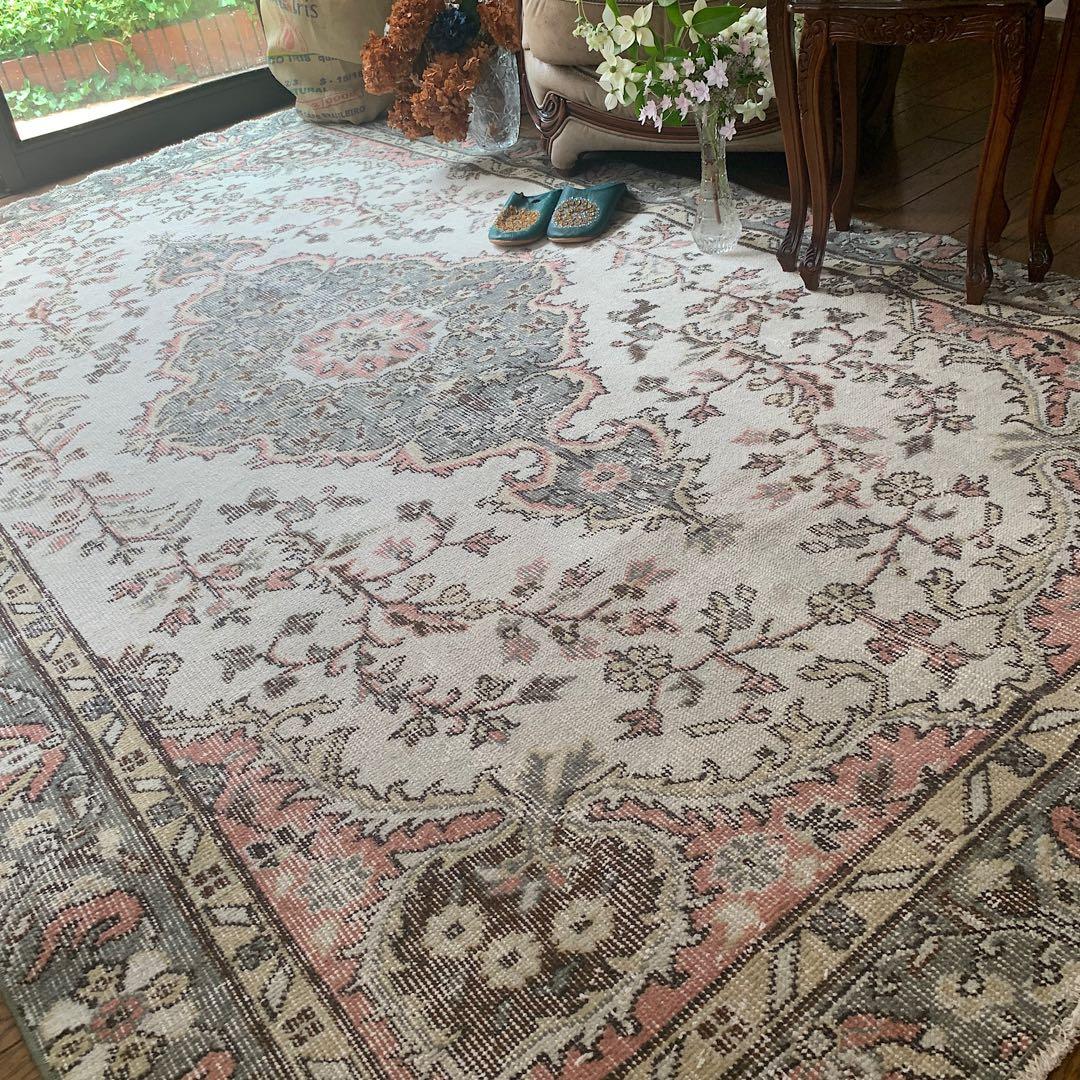 トルコヴィンテージラグ　超大判　272×158 ペールピンク　モスグレーグリーン