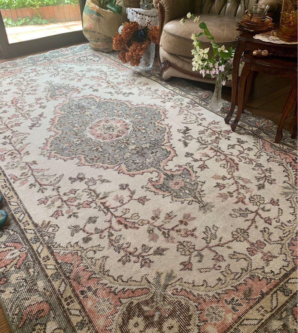 トルコヴィンテージラグ　超大判　272×158 ペールピンク　モスグレーグリーン