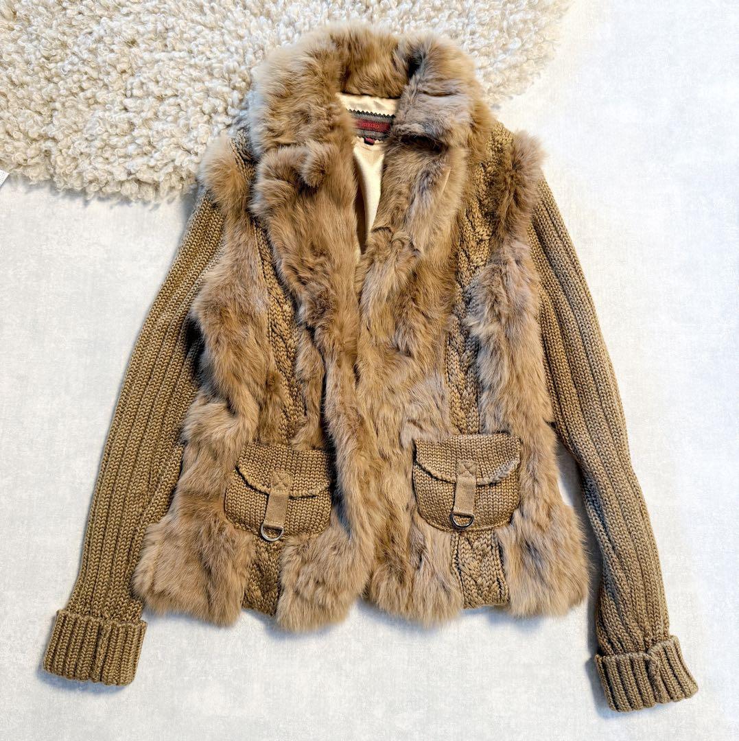 KENZO ニットファー異素材ミックスコート　ブラウン　Lサイズ