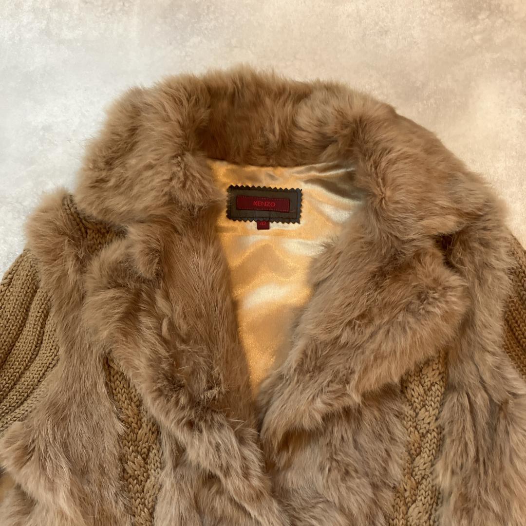 KENZO ニットファー異素材ミックスコート　ブラウン　Lサイズ