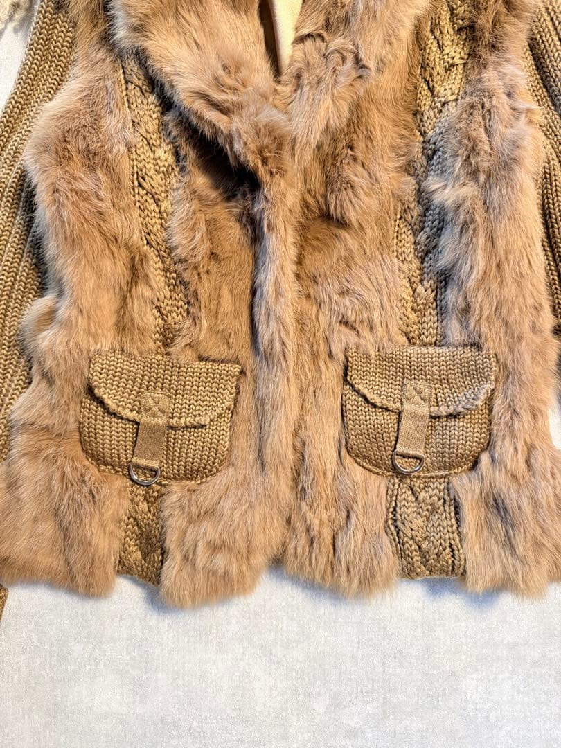 KENZO ニットファー異素材ミックスコート　ブラウン　Lサイズ