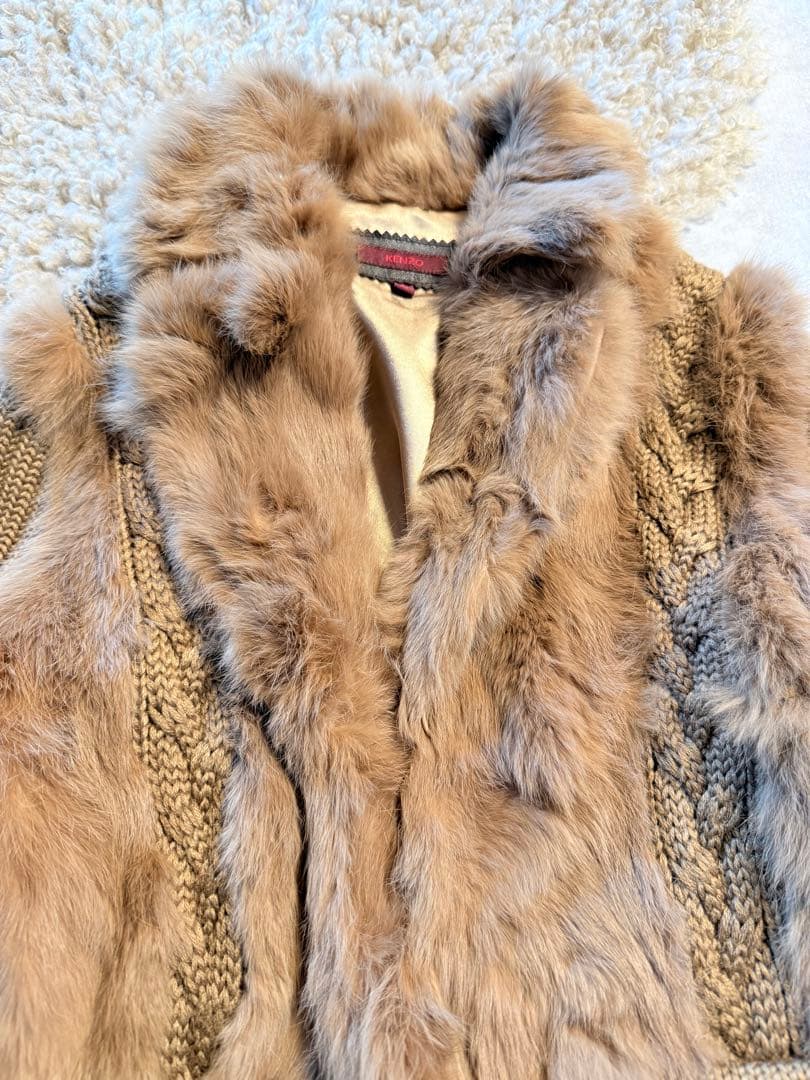 KENZO ニットファー異素材ミックスコート　ブラウン　Lサイズ