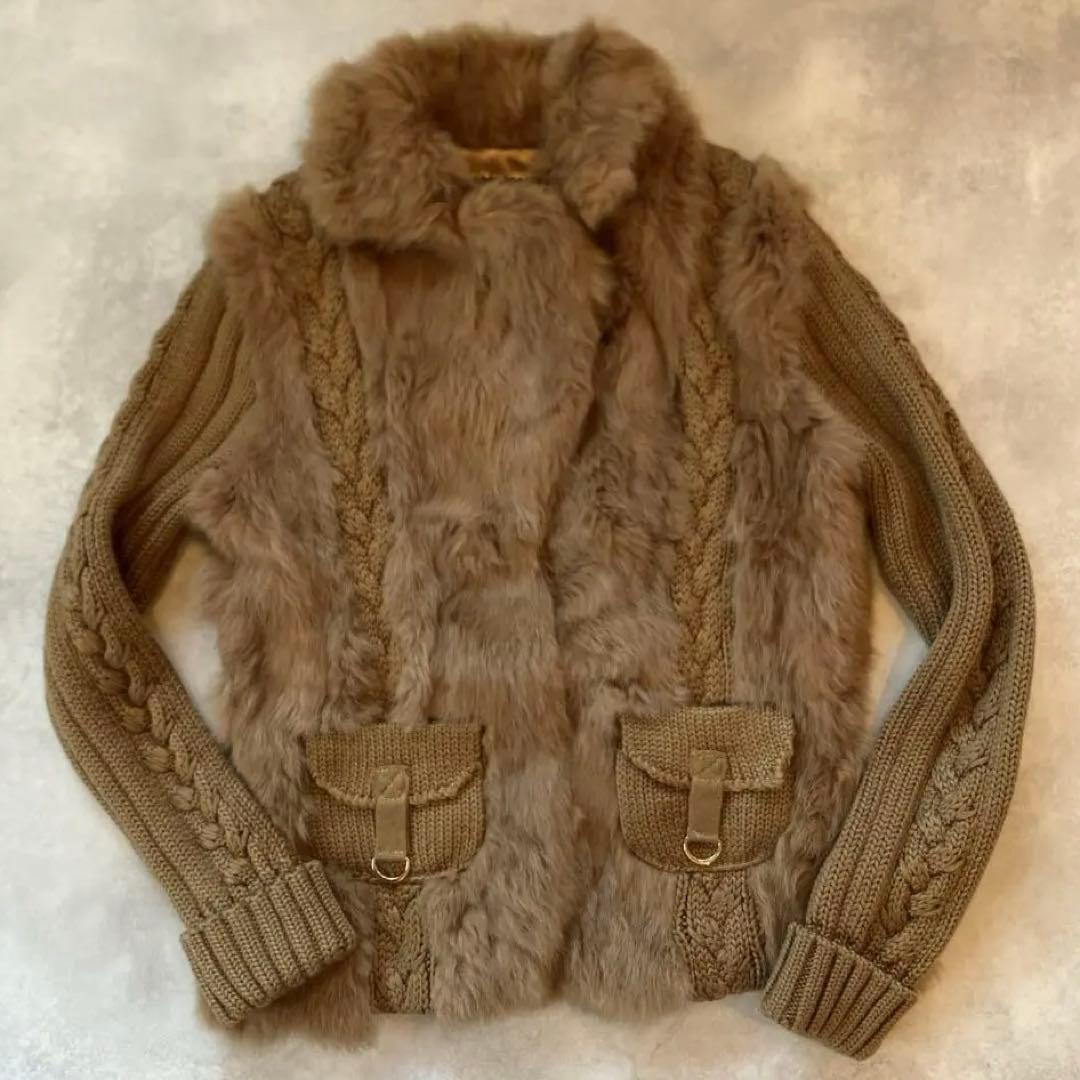 KENZO ニットファー異素材ミックスコート　ブラウン　Lサイズ