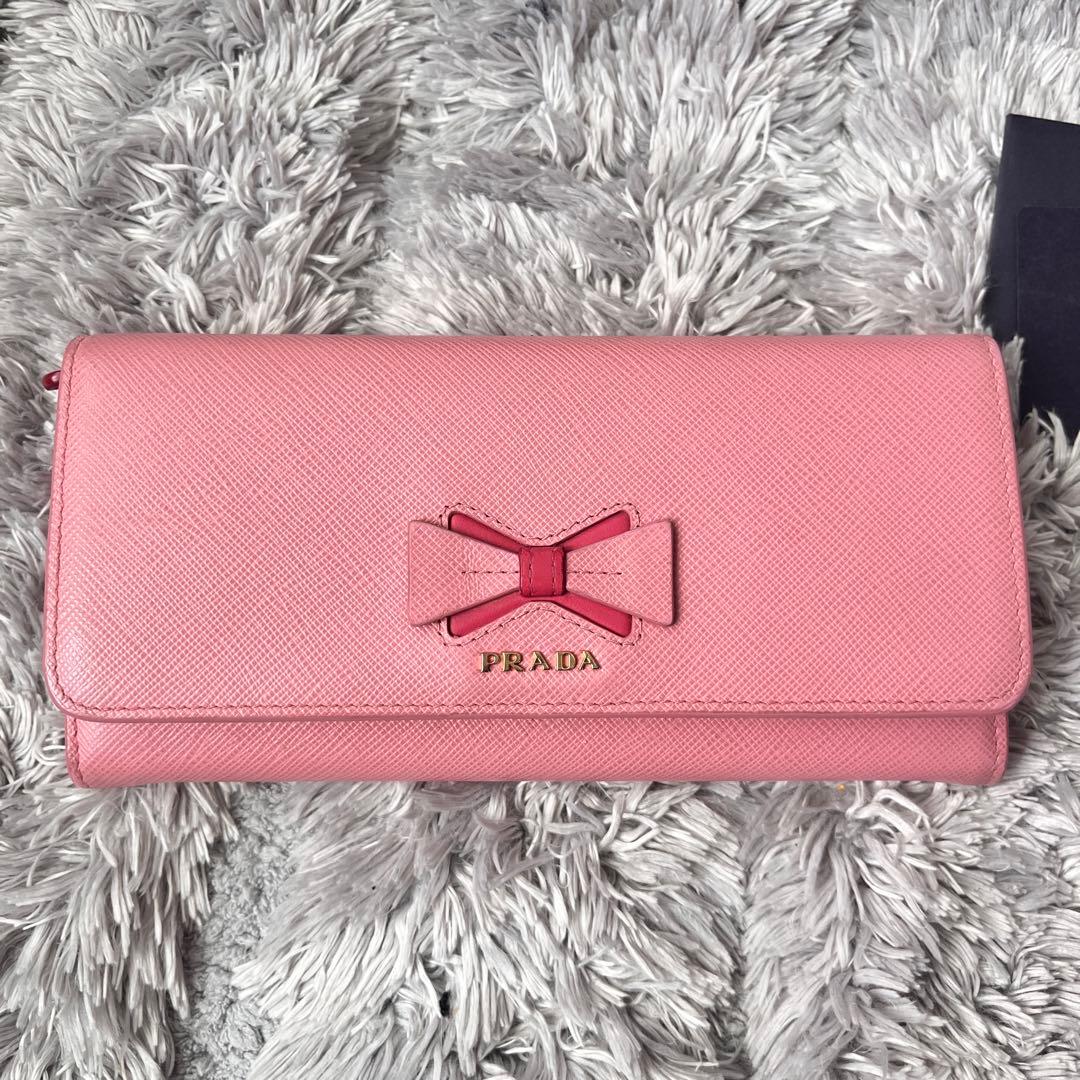 美品✨PRADA サフィアーノ　リボン　メタルロゴ　カードケース付　長財布