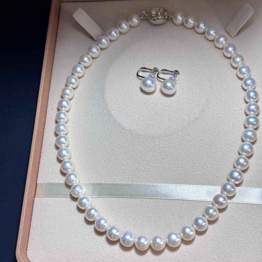 大珠✨テリ強 パール　ネックレス　ホワイト　イヤリング 8.5-9.5 本真珠
