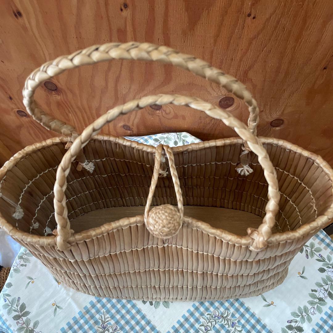 昭和レトロ　岡山　蒜山　がま細工　バッグ　カゴバッグ　手提げ　ひるぜん　古道具