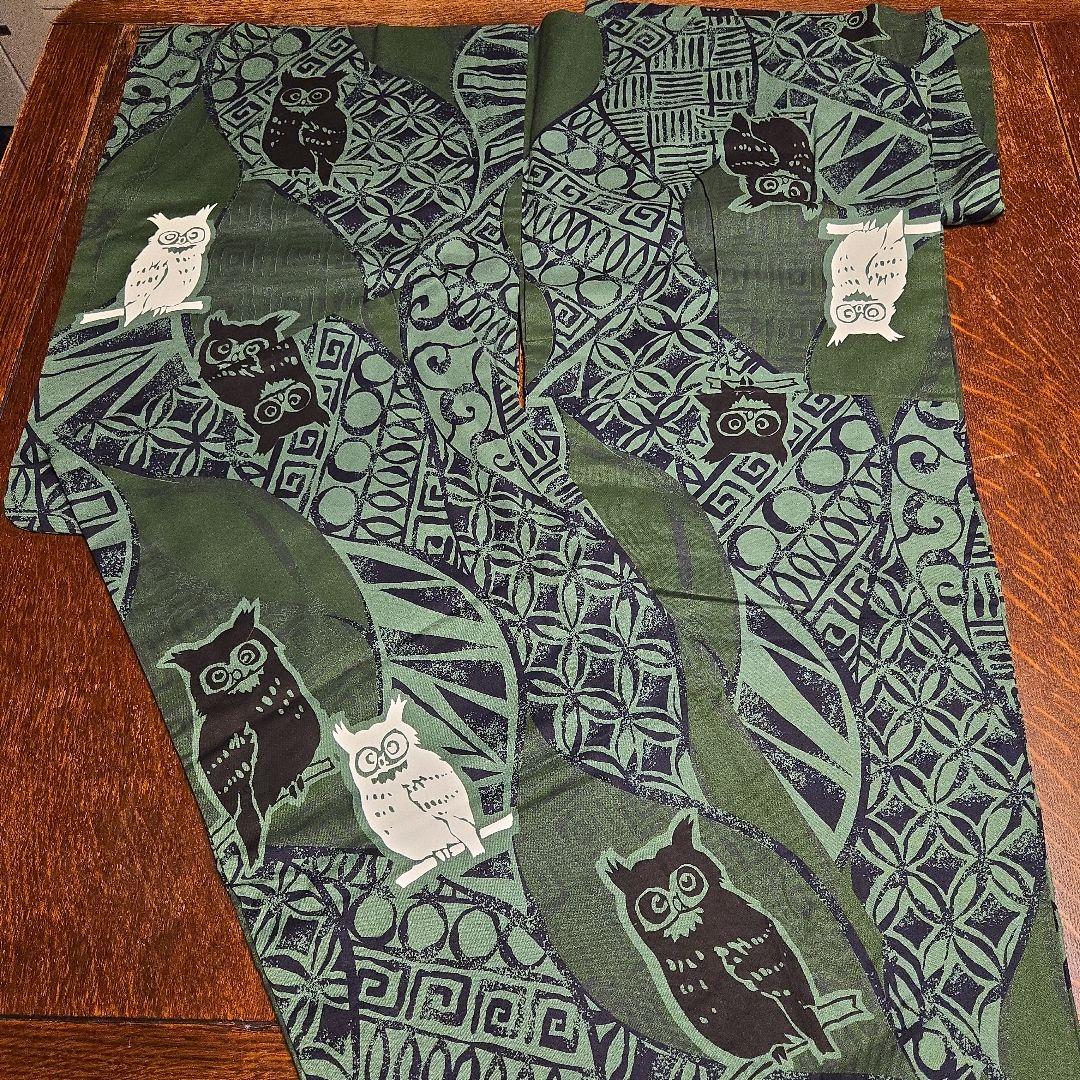個性的　浴衣　トールサイズ　日本製　フクロウ　ふくろう　アジアンテイスト　緑系