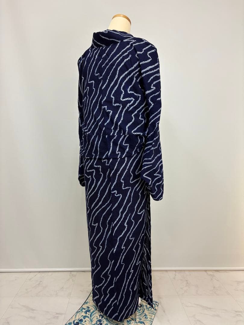 浴衣 絞り 藍色 流水 居敷当て有り