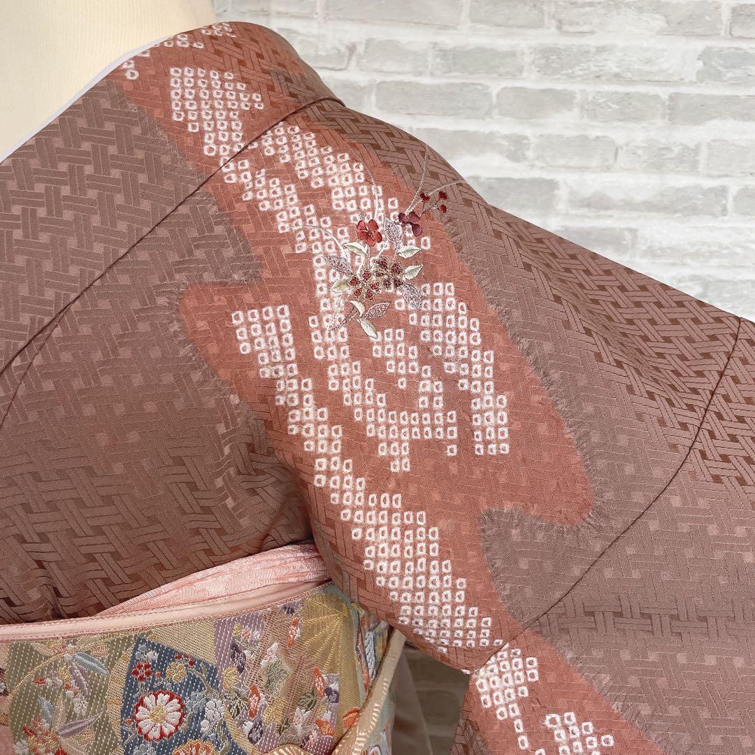 訪問着　フルセット　花　観世水　鹿の子絞り　相良刺繍　手刺繍　着物　L2