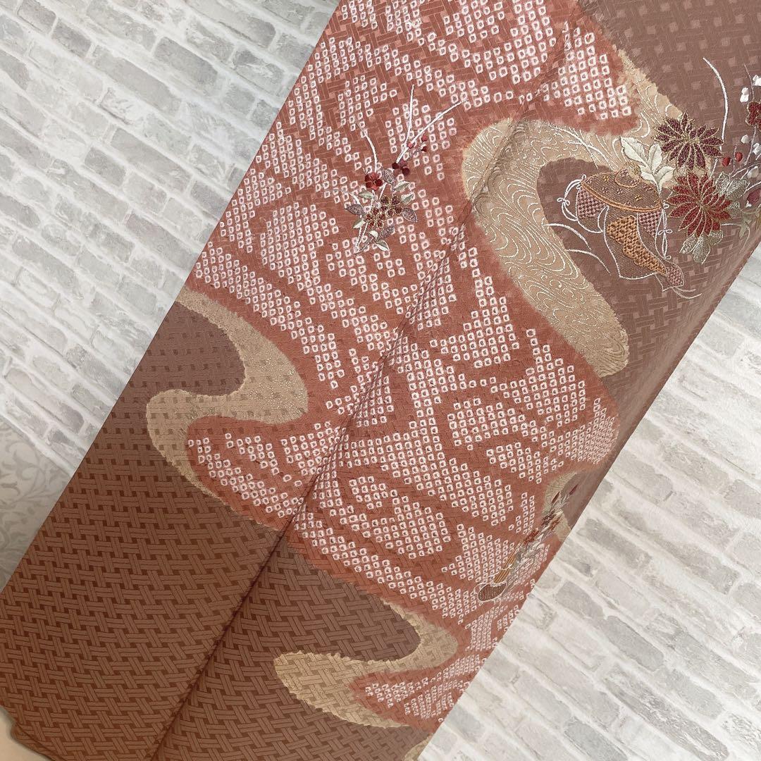 訪問着　フルセット　花　観世水　鹿の子絞り　相良刺繍　手刺繍　着物　L2