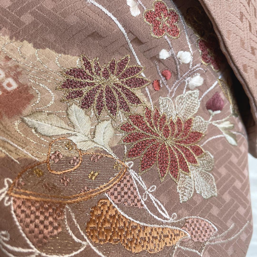 訪問着　フルセット　花　観世水　鹿の子絞り　相良刺繍　手刺繍　着物　L2