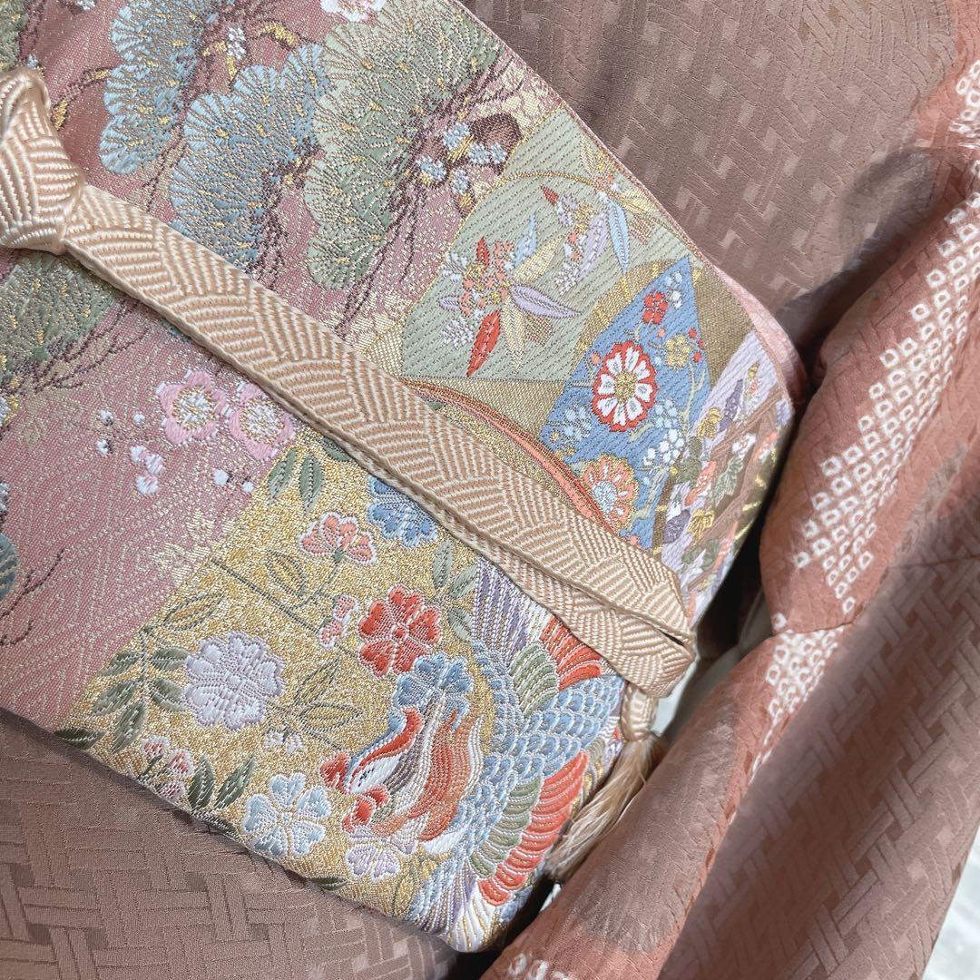 訪問着　フルセット　花　観世水　鹿の子絞り　相良刺繍　手刺繍　着物　L2