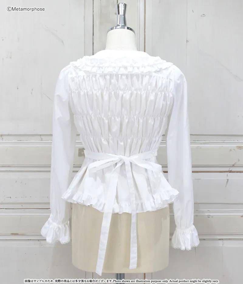 【morphose】丸襟シャーリング長袖ブラウス ロリータ オフ白