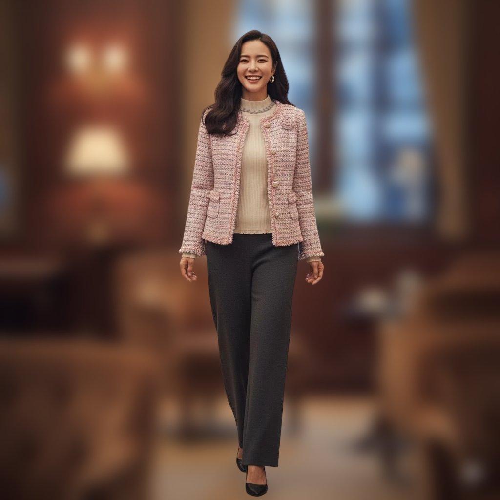 ピンク ツイード 丸首 ジャケット 長袖 花型 ブローチ付き スーパービューティ