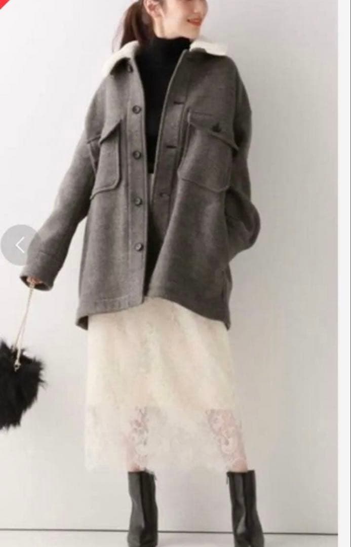 Spick and Span グレーウールコート フリース襟付き