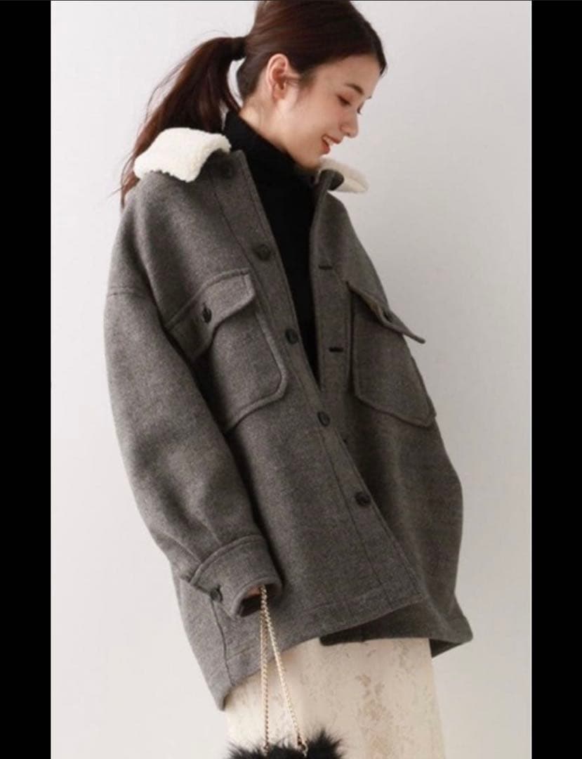 Spick and Span グレーウールコート フリース襟付き